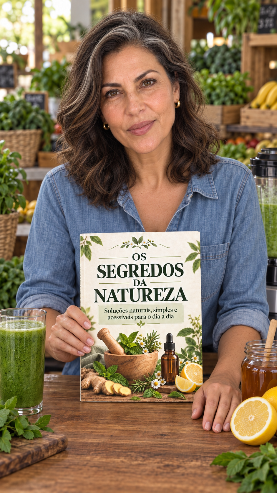 Helena Ribeiro segurando o livro Os Segredos da Natureza
